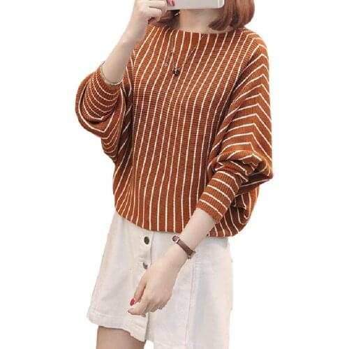 2021 Women Casual O Neck Sweater Batwing Sleeve Striped Pullover Flat Knitted Female Pullover Lady New Clothes For Woman
