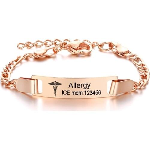 Personalized Medical Alert ID Bracelet For Baby Children Engraved Name Rose Gold Stainless Steel Figaro Chain Link Adjustable