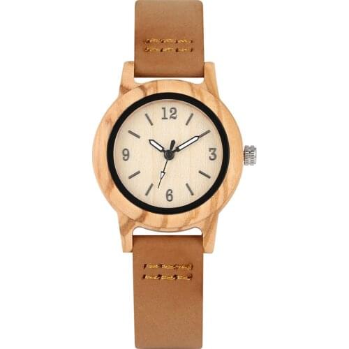Maple Wood Watch Ladies Quartz Genuine Leather Watch Stylish Casual Simple Womens Watches Brown/Black Watchband