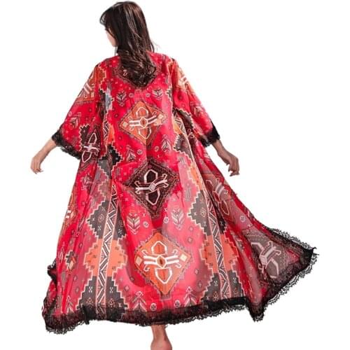 National wind print Long Kimono Shirt 2020 Summer Bohemian Long Sleeve Loose Chiffon Cardigan Beach Cover Up Shawl Tops