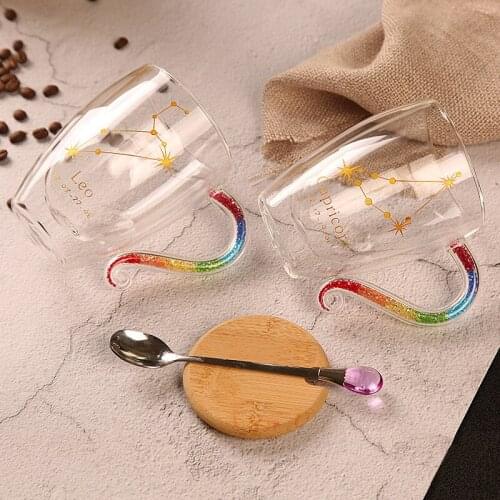 Colorful Diamond Handle Coffee Cup Double Layer Glass Twelve Constellations Tea Cappuccino Mug Tazas Copo Xicara Tasse Best Gift