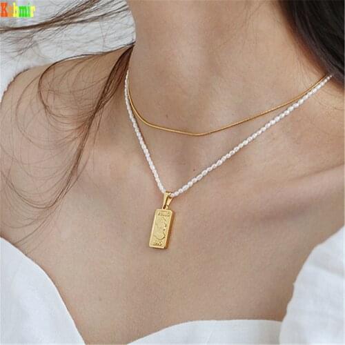 Kshmir Freshwater Pearl Necklace Head Coin Retro Necklace Geometric Necklace Rectangular Simple Female Short Clavicle Chain Cm