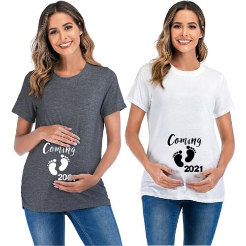 Summer Women Maternity Short Sleeve O-neck 2021 Foot Letter Printed Pregnancy T-shirt Tops Pregnancy Casual Clothes Plus Size#g4