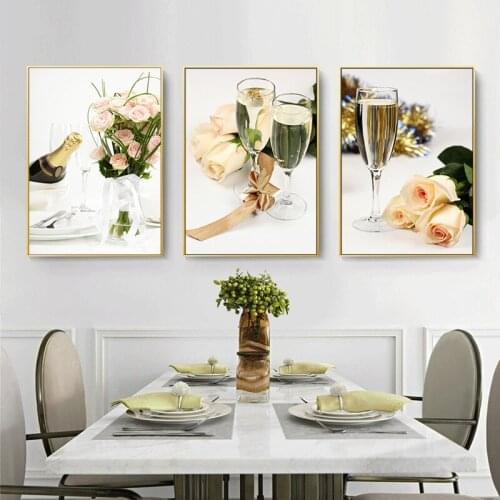 Fashionable ritzy pink roses champagne cup Modern decorative Canvas Wall Art Poster for dining room Restaurant decor paintings