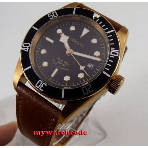 41mm CORGEUT Brand Bronze Coated Sapphire Glass Leather Strap MIYOTA /ST Movement Date WindowAutomatic Men Watch
