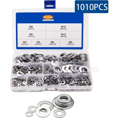 1010PCS/Box M2 M3 M4 M5 M6 M8 M10 M12 Flat Washer Set Stainless Steel Ring Gaskets Kit Plain Washers Metal Washer Assortment Kit