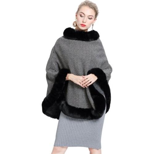SWONOC faux fur cloak women winter warm pullover ponchos coat 2020 new capes for womens stripe fashion winter coats fur