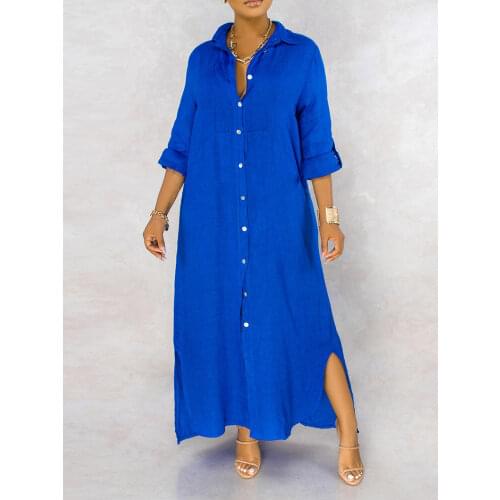 Solid Button Design Long Shirt Dress Autumn Spring Women Turn Down Collar Long Sleeve Casual Loose Dresses