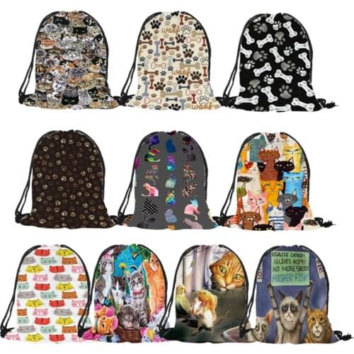 Popular Kitten Bone Print Drawstring Bags for Boy Girls School Supplies Satchel Backpacks Mochila Casual Travel Shoulder Bag