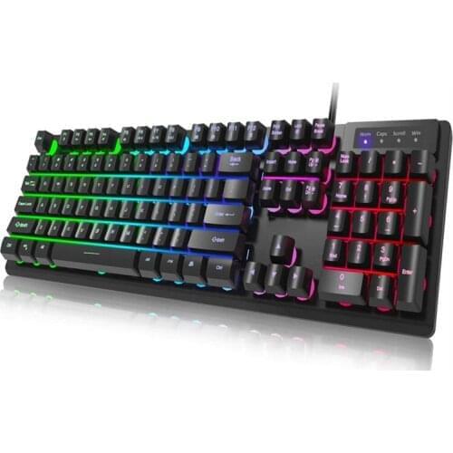 Gaming Keyboard USB Wired Floating Keyboard, Quiet Ergonomic Mechanical Feeling Rainbow LED Backlit Keyboard for Desktop,Comput