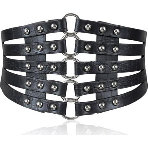 Chic Design Metal Ring Belt Women Fashion PU Belt Rivet Wide Waist Elastic 5 Straps Vintage Metal Men Ladies Waist Belts