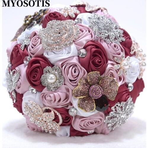 Luxury Crystal Wedding Bouquet Satin Roses Flower Bouquets Bridal Artificial Custom Made Bridal Hand Bouquet De Novia
