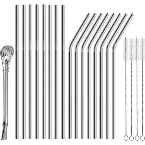 Set of 21 Stainless Steel Straws with Silicone Tips, FDA-Approved Drinking Metal Reusable Straws with Cleaning Brush
