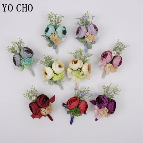 YO CHO Men Boutonniere Bridal Wrist Corsage Flowers Groomsmen Brooch Pins Wedding Boutonniere Artificial Silk Rose Champagne Red