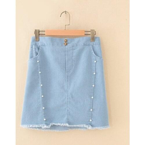 5XL plus size 2019 Autumn Fashion Women Beading Denim Skirt Tassel Butterfly Patch Slim Hip A-line Jeans Skirt Above Knee, Mini