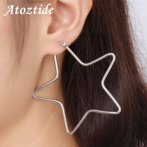 Atoztide Fashion Hollow Star Big Hoop Earrings For Women Party Stainless Steel Silver Plated Ear Loop Earrings Boucle d'oreille