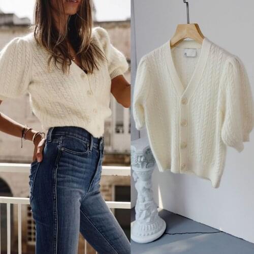 Women Sweater 2021 French Puff Sleeve Short Sleeve Cardigan Mohair Wool High Waist Knit