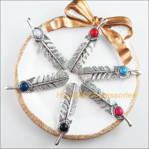 6 New Animal Charms Tibetan Silver Tone Retro Feather Mixed Acrylic Pendants 12x18mm