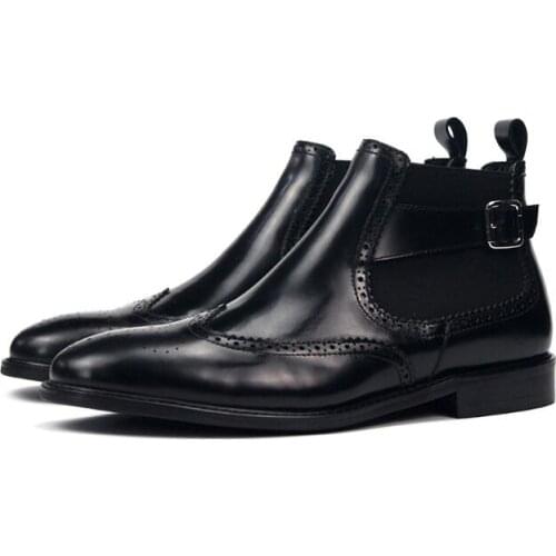 Winter Chelsea Boots Genuine Leather Black Carved Men Boots Slip on short Ankle Boots for men