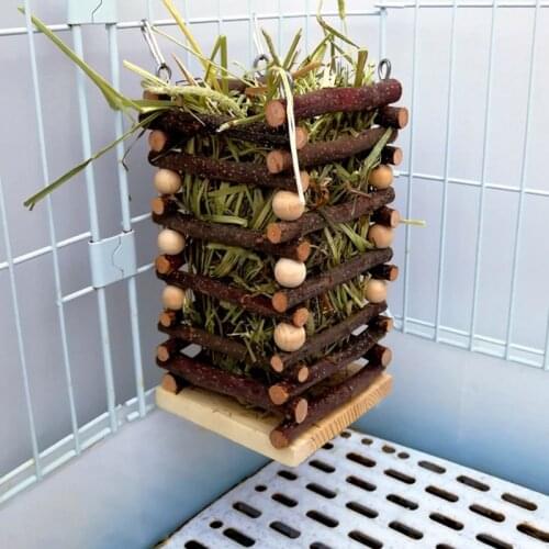 Wooden Hay Manger Rabbit Feeder Bite Resistant Chew Toy Grass Frame Hanging Hamster Hay Rack Reduce Waste