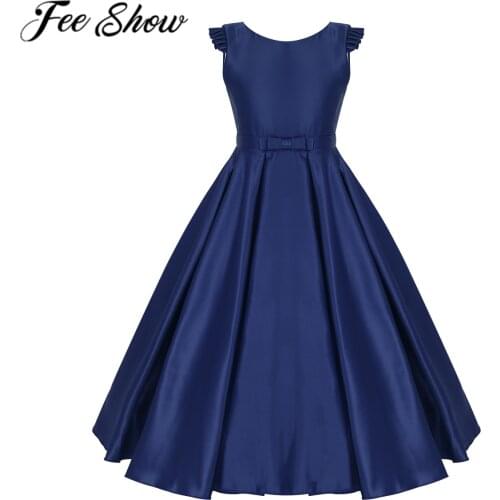 Kids Girls Satin Ruffled Fly Sleeves Bowknot Flower Girl Princess Dress For Pageant Wedding Bridesmaid Holiday Photo Shoot