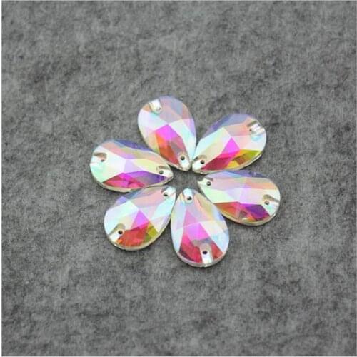 Teardrop Shape Clear AB 7x12mm-17x28mm Two Holes Glass Sew On Stone Clothes Shoes Decoration
