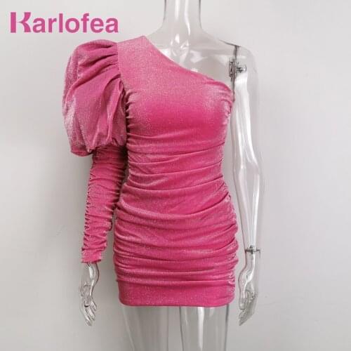 Karlofea Female New Elegant Spring Outfits Dress Chic Sparkly Ruched Mini Dress Lovely One Shoulder Puff Sleeve Club Party Dress