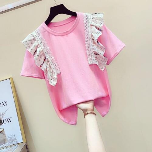 Ruffled Polka Dot Lace Chiffon Stitching Short Sleeve T-shirt Female Top Summer T Shirt Girls Ladies T-shirt Tees Nancylim