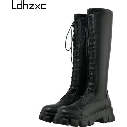 LDHZXC Platform Boots Women Knee High Boots Pu Leather Long Boots Female Black Punk Style High Quality Size 44 45 46