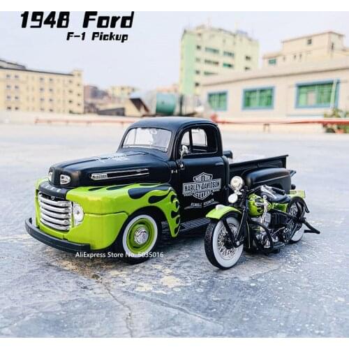 Maisto 1:24 1948 Ford F-1 pickup green + motorcycle die-casting simulation alloy car model crafts decorative collection of toy t