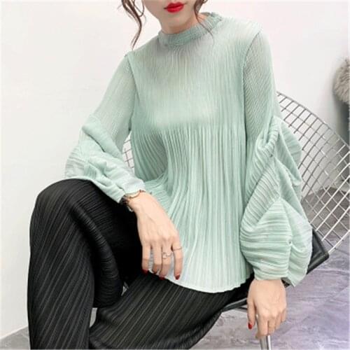 Miyake pleated top women21 spring and autumn new fashion solid color round neck puff sleeve long sleeve t-shirt bottoming shirt