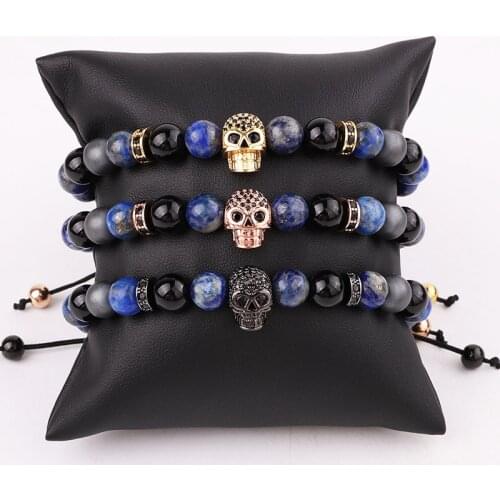 New Design Natural Stone CZ Pave Skull Charm Friendship Macrame Adjustable Bracelet Men