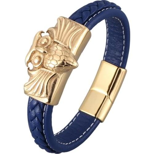 New Classic Blue Leather Men Bracelet Owl Shape Gold Stainless Steel Male Wristband Accessories Hand-woven Jewelry Gifts PD0920