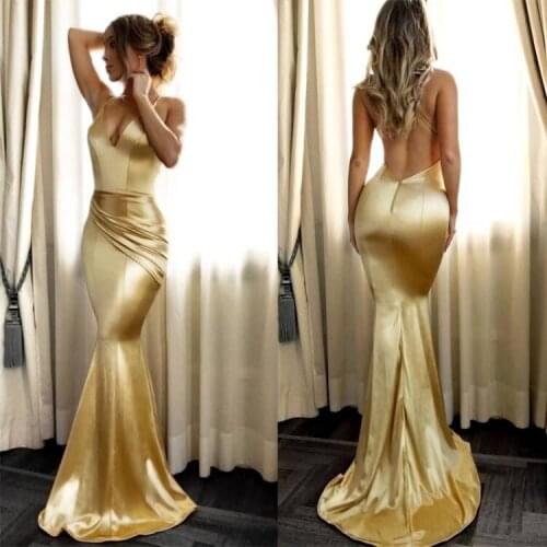 Formal Evening Dress High Quality Satin Mermaid Sexy Suspenders Deep V Hollow Out Cocktail Dresses Elegant Womens Bodycon Dress