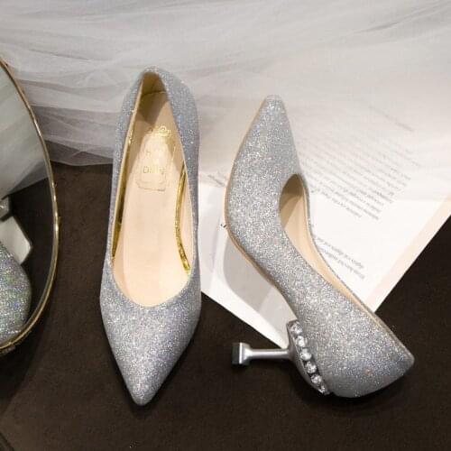 Pointed Toe Sequined Cloth Thin Heels High Heel Wedding Pumps Women Shoes 2021 Spring Autumn Fashion Shallow Bling Female Shoes