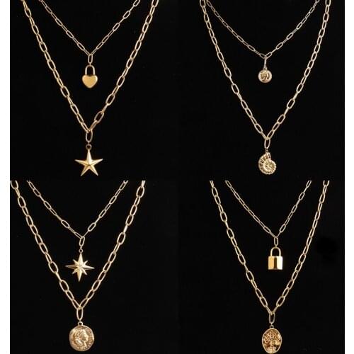 Punk Coin Pendant Necklace Women Stainless Steel Necklace Long Pendant Necklace For Women Cross Multilayer Necklace Jewelry Gift