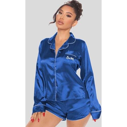 TNNAOFF Plus Size Satin Two Piece Pajamas for Women Letter Long Sleeve Button Tops Sexy Shorts Lounge Wear Bedroom Matching Sets