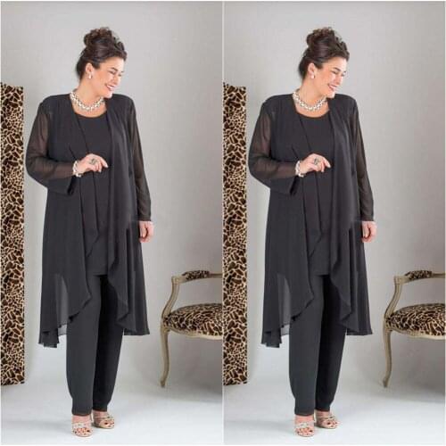Black Three Pieces Mother Of The Bride Dress Long Sleeve Chiffon Custom Plus Size Pant Suits Trousers Woman Lady vestido de madr