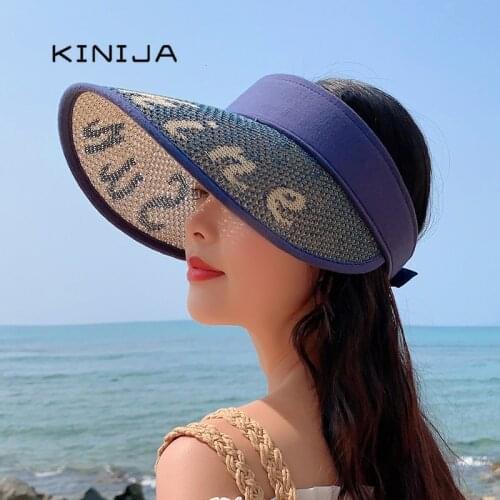 Beach visor hat summer uv protection straw hat Empty top ponytail hat sun hats for women Velcro letter fishing cycling caps