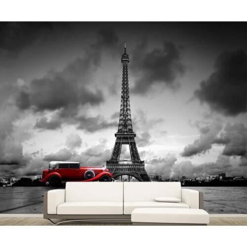 Custom Photo Wallpaper 3D Stereo Paris tower black and white color car wall background 3d Wallpaper Mural Wall Painting