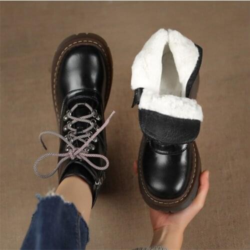 PXELENA Retro Natural Genuine Leather Snow Boots Women Real Thick Wool Fur Winter Warm Soft Shoes Chunky Heels Lace Up Plus Size