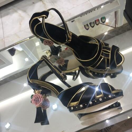 Summer Sandals Women Floral Heels Shoes Women Leather Sandalias Mujer Peep Toe Zapatillas Mujer Mixed Color Sandalia Feminina