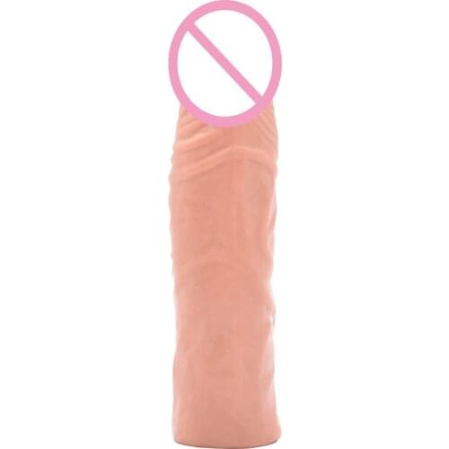 190mm Silicone Reusable Penis Sleeve Extender Realistic Penis Enlargement Condom Men Delaying Ejaculation Cock Enlarger Rings