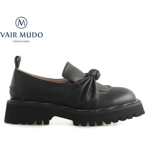 Women Pumps Shoes Thick Bottom Black White Round Toe Loafers Office & Career Genuine Leather Elegant Fashion Pumps ShoeWM-X109-C