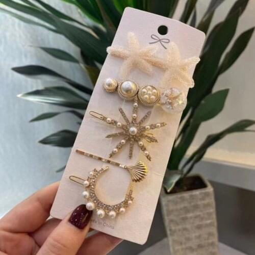 1Set Retro Sun Moon Stars Pearls Rhinestone HairPin For Women Fashion Geometric Flower Barrettes Girls Sweet Hair Accessories