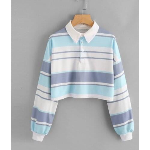 Women Casual Stripe Sweatshirt Harajuku Long Sleeve Button Turn-down Collar Pullover Sweatshirt Top Korean Style Streetwear Tops