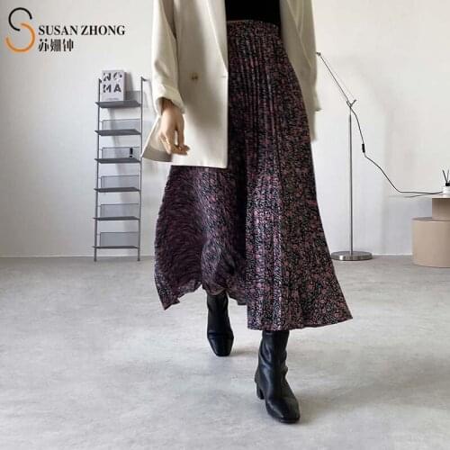 Women Skirts Female Bottoms 2021 Spring New Elegant Office A-Line Loose Floral Flower Print Chiffon Elastic Waist Long Pleats