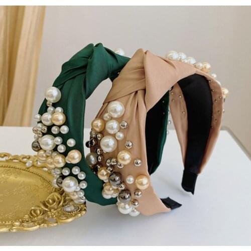 QCOOLJLY Retro Knotted Pearl HairBands Bow Knot Velvet Beading Hairband Women Hair Head Hoop Girls Headband Bohemian Hair Holder