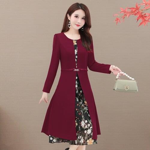 Autumn winter dress women vintage long-sleeved loose print flower patchwork dress ladies elegant casual midi dress female robe