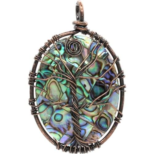 100-Unique 1 Pcs Copper Wire Wrap Tree of Life Oval Shape Abalone Shell Pendant for Christmas Gift